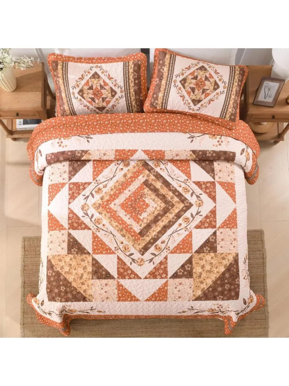 King Size Patchwork Quilt - Farmhouse Fall Bedspread in Vibrant Orange Design